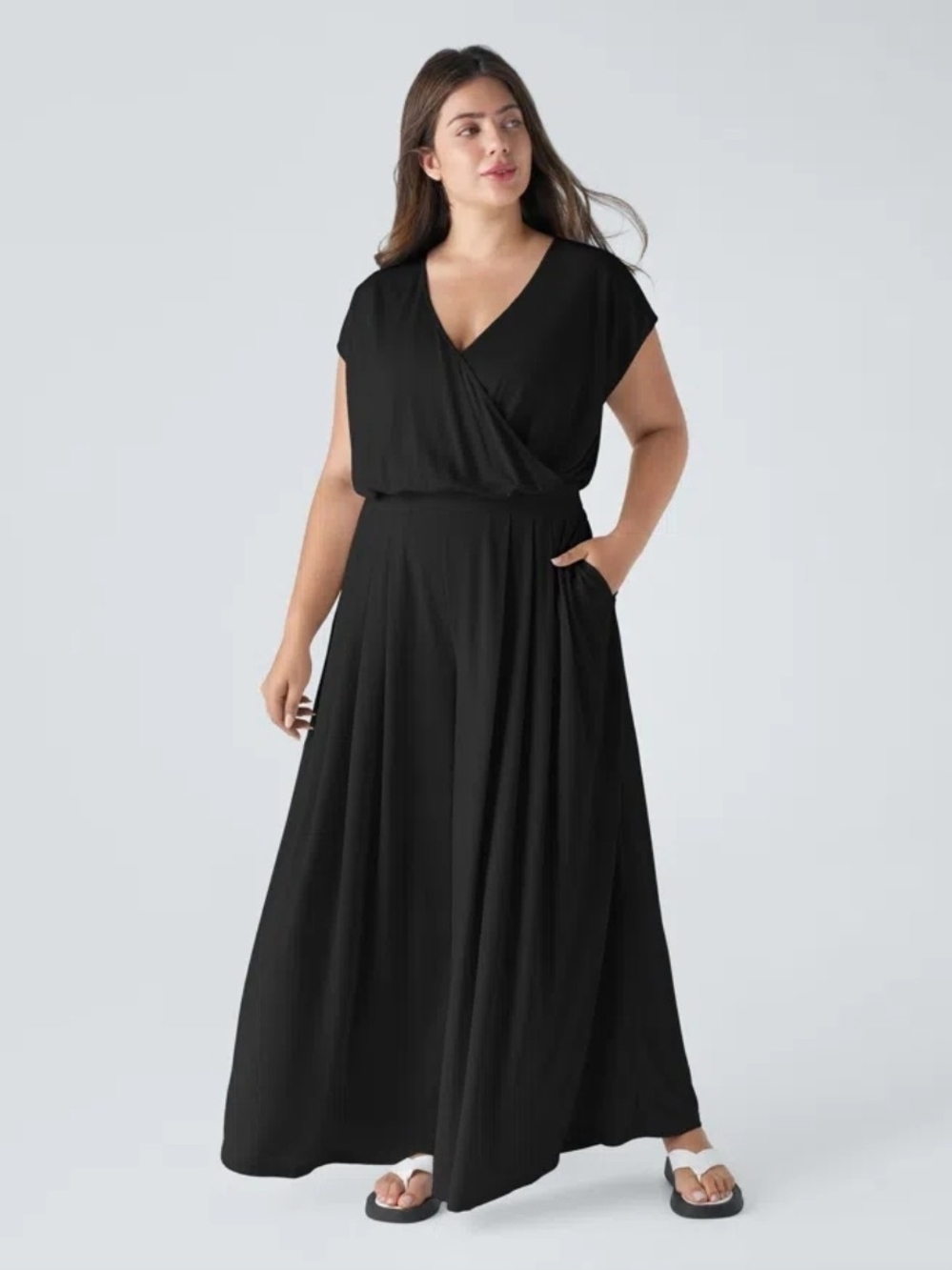 V Neck Short Sleeve Pocket Wide Leg Flowy Waffle Casual Plus Size Jumpsuit 3X
